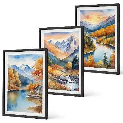 Three-piece mountain landscape wall art river autumn scene