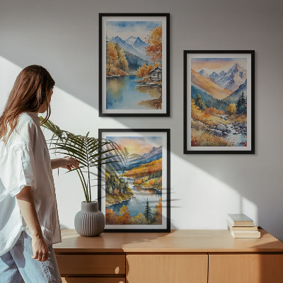 Three-piece wall art piece Mountain landscape river autumn