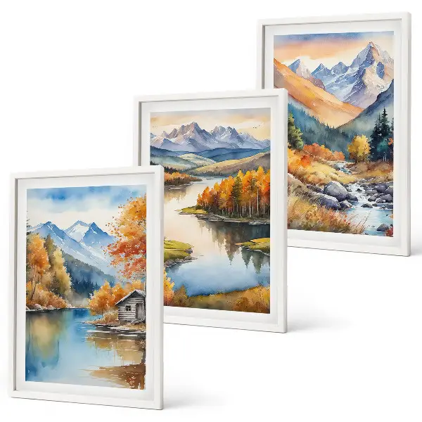 Mountain rivers and autumn trees wall art set of 3 framed pieces