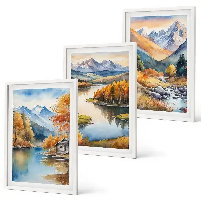 Mountain rivers and autumn trees wall art set of 3 framed pieces