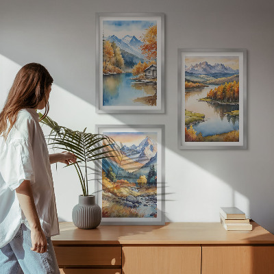 Set of 3 framed wall art pieces Mountain rivers autumn trees