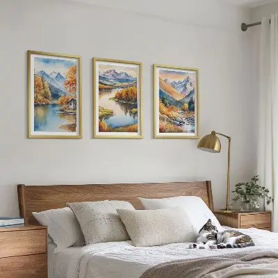Mountain rivers and autumn trees wall art set of 3 framed pieces