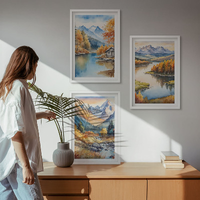 Set of 3 framed wall art pieces Mountain rivers autumn trees