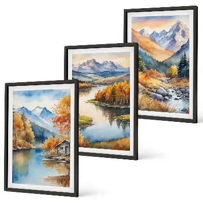 Mountain rivers and autumn trees wall art set of 3 framed pieces