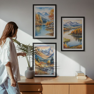 Set of 3 framed wall art pieces Mountain rivers autumn trees