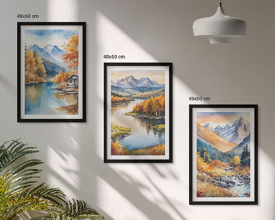 Set of 3 framed wall art pieces Mountain rivers autumn trees