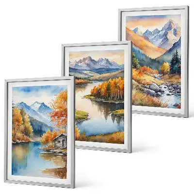 Mountain rivers and autumn trees wall art set of 3 framed pieces