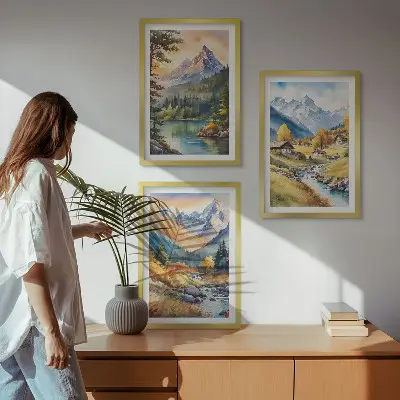 Mountain landscape wall art set with a river