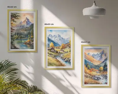 Mountain landscape wall art set with a river