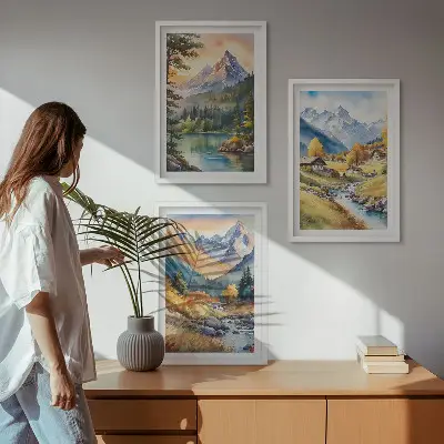 Mountain landscape wall art set with a river