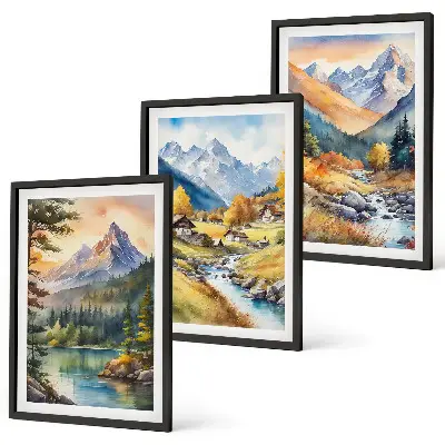 Mountain landscape wall art set with a river