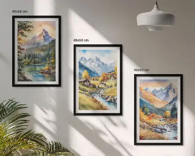 Mountain landscape wall art set with a river