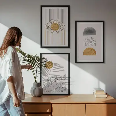 Three-piece abstract wall art beige and gray shapes
