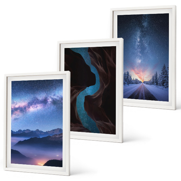 Set of 3 framed wall art pieces Night sky mountains winter landscape