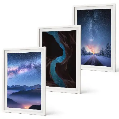 Set of 3 framed wall art pieces featuring a winter night sky mountain landscape