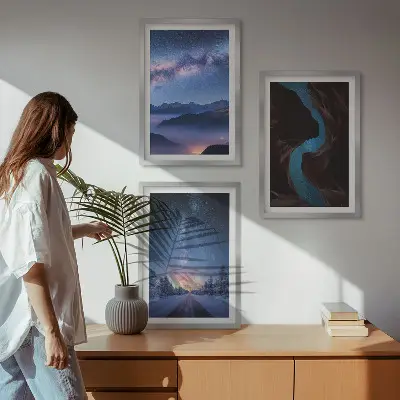 Set of 3 framed wall art pieces featuring a winter night sky mountain landscape