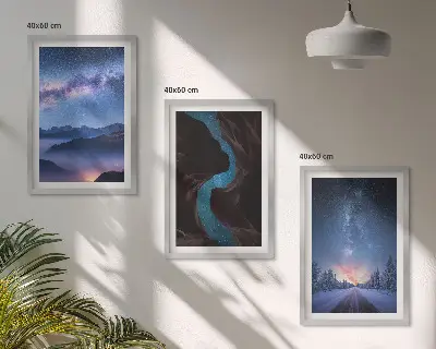 Set of 3 framed wall art pieces featuring a winter night sky mountain landscape