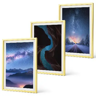 Set of 3 framed wall art pieces featuring a winter night sky mountain landscape