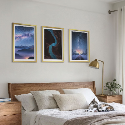 Set of 3 framed wall art pieces Night sky mountains winter landscape