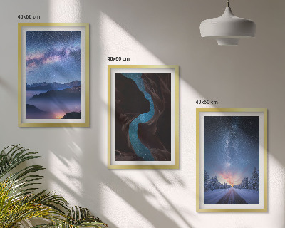 Set of 3 framed wall art pieces Night sky mountains winter landscape