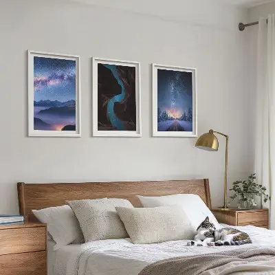 Set of 3 framed wall art pieces featuring a winter night sky mountain landscape