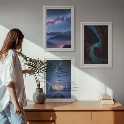 Set of 3 framed wall art pieces Night sky mountains winter landscape