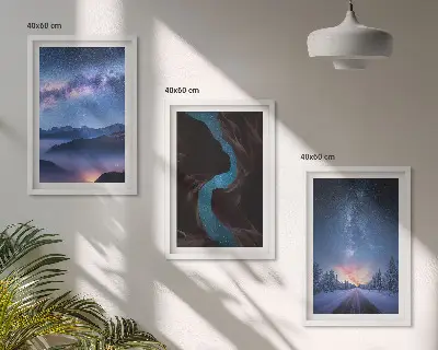 Set of 3 framed wall art pieces featuring a winter night sky mountain landscape