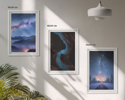 Set of 3 framed wall art pieces Night sky mountains winter landscape