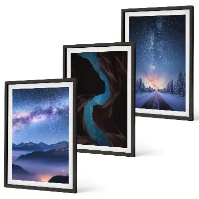 Set of 3 framed wall art pieces featuring a winter night sky mountain landscape