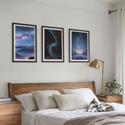 Set of 3 framed wall art pieces Night sky mountains winter landscape