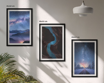 Set of 3 framed wall art pieces Night sky mountains winter landscape