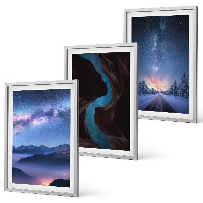 Set of 3 framed wall art pieces Night sky mountains winter landscape