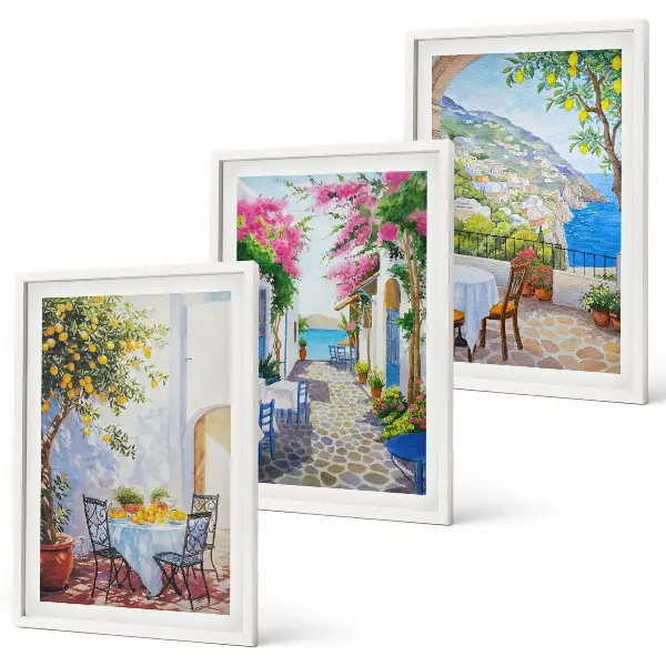 Three-piece wall art set charming streets plants and sea view