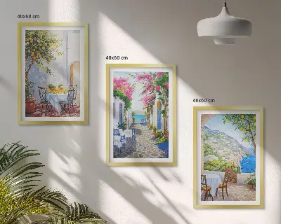 Three-piece wall art set charming streets plants and sea view