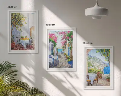 Three-piece wall art set charming streets plants and sea view