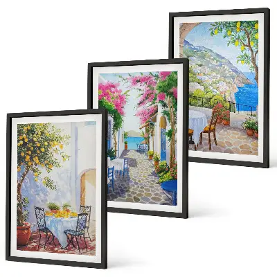 Three-piece wall art set charming streets plants and sea view