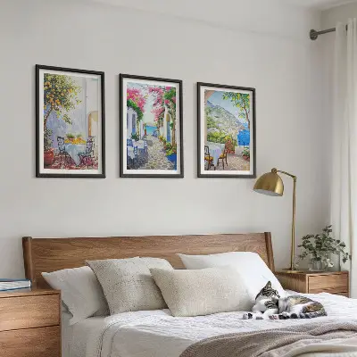 Three-piece wall art set charming streets plants and sea view