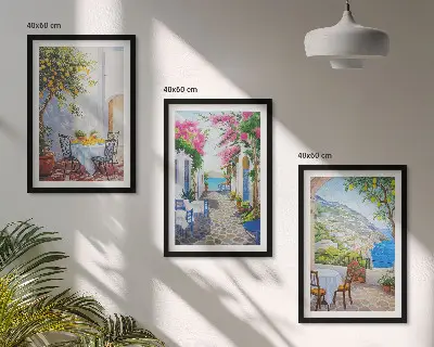 Three-piece wall art set charming streets plants and sea view