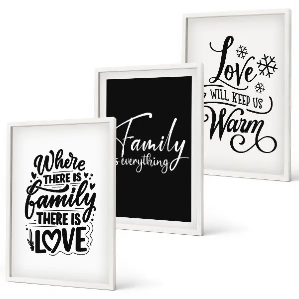 Three-piece wall art set featuring family, love, warmth, and home theme