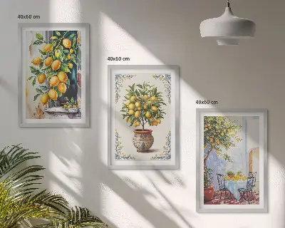 Wall art set with lemon trees and fruits in the sun