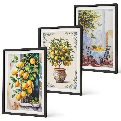 Wall art set with lemon trees and fruits in the sun