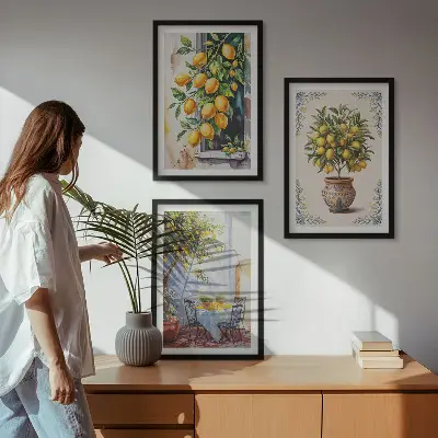 Wall art set with lemon trees and fruits in the sun