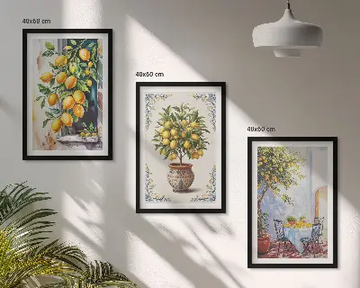 Wall art set with lemon trees and fruits in the sun