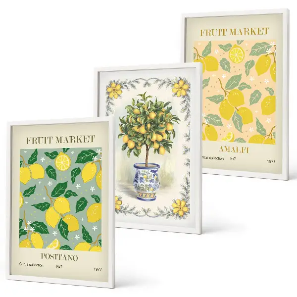 Three-piece citrus fruit tree wall art set featuring an Italian orchard scene