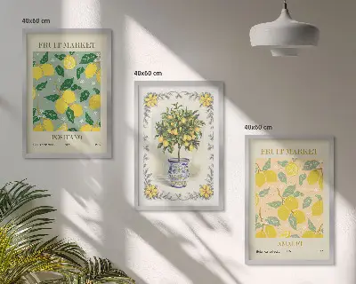 Three-piece citrus fruit tree wall art set featuring an Italian orchard scene