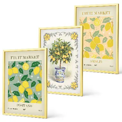 Three-piece citrus fruit tree wall art set featuring an Italian orchard scene