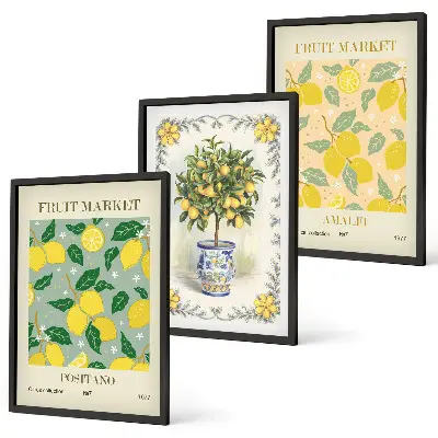 Three-piece citrus fruit tree wall art set featuring an Italian orchard scene