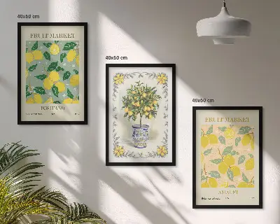 Three-piece citrus fruit tree wall art set featuring an Italian orchard scene