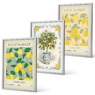 Three-piece citrus fruit tree wall art set featuring an Italian orchard scene