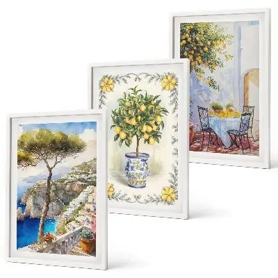 Set of 3 framed wall art pieces featuring a view of lemon trees by the sea